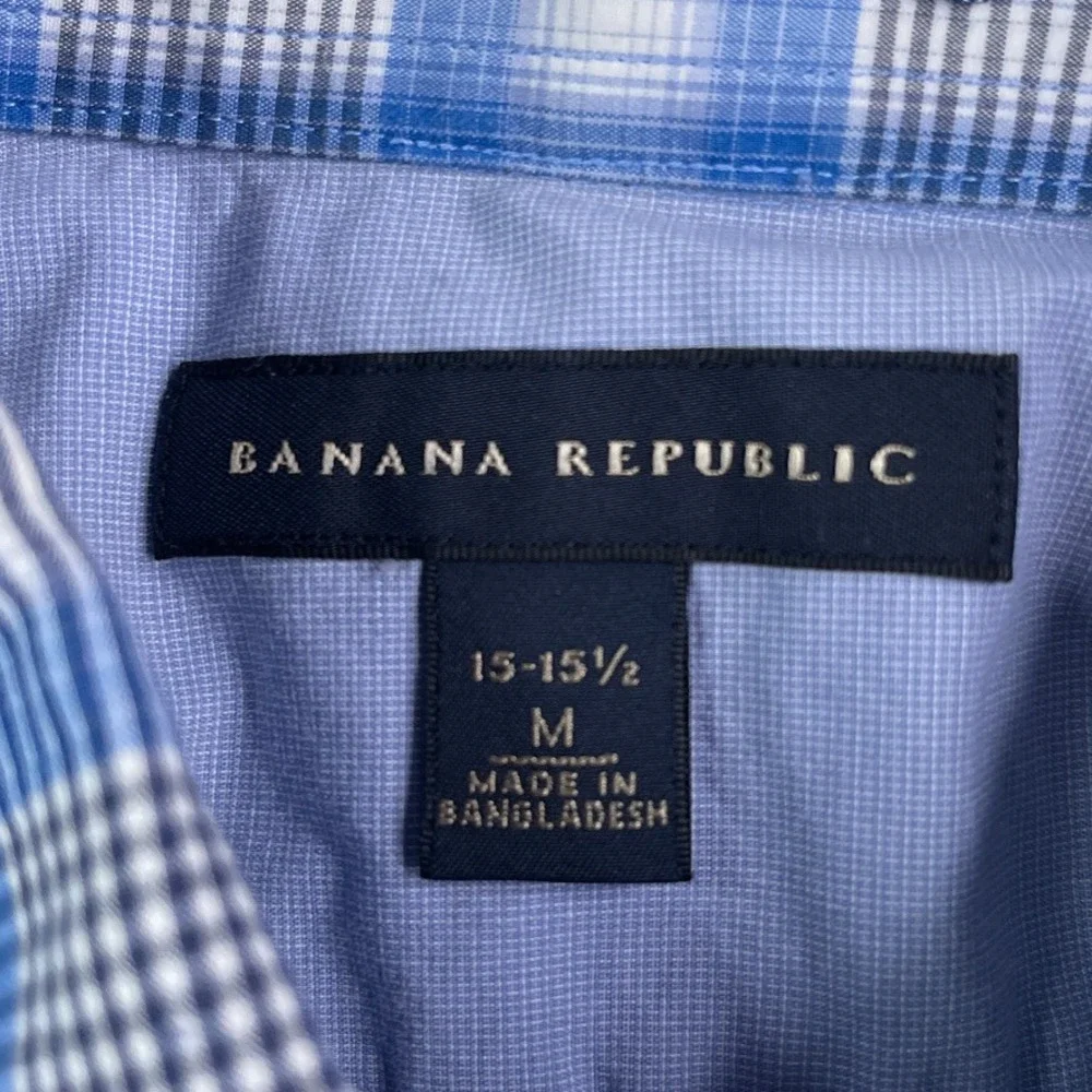Banana Republic Shirt Mens Medium Blue Ombre Plaid Short Sleeve Button‎ Up